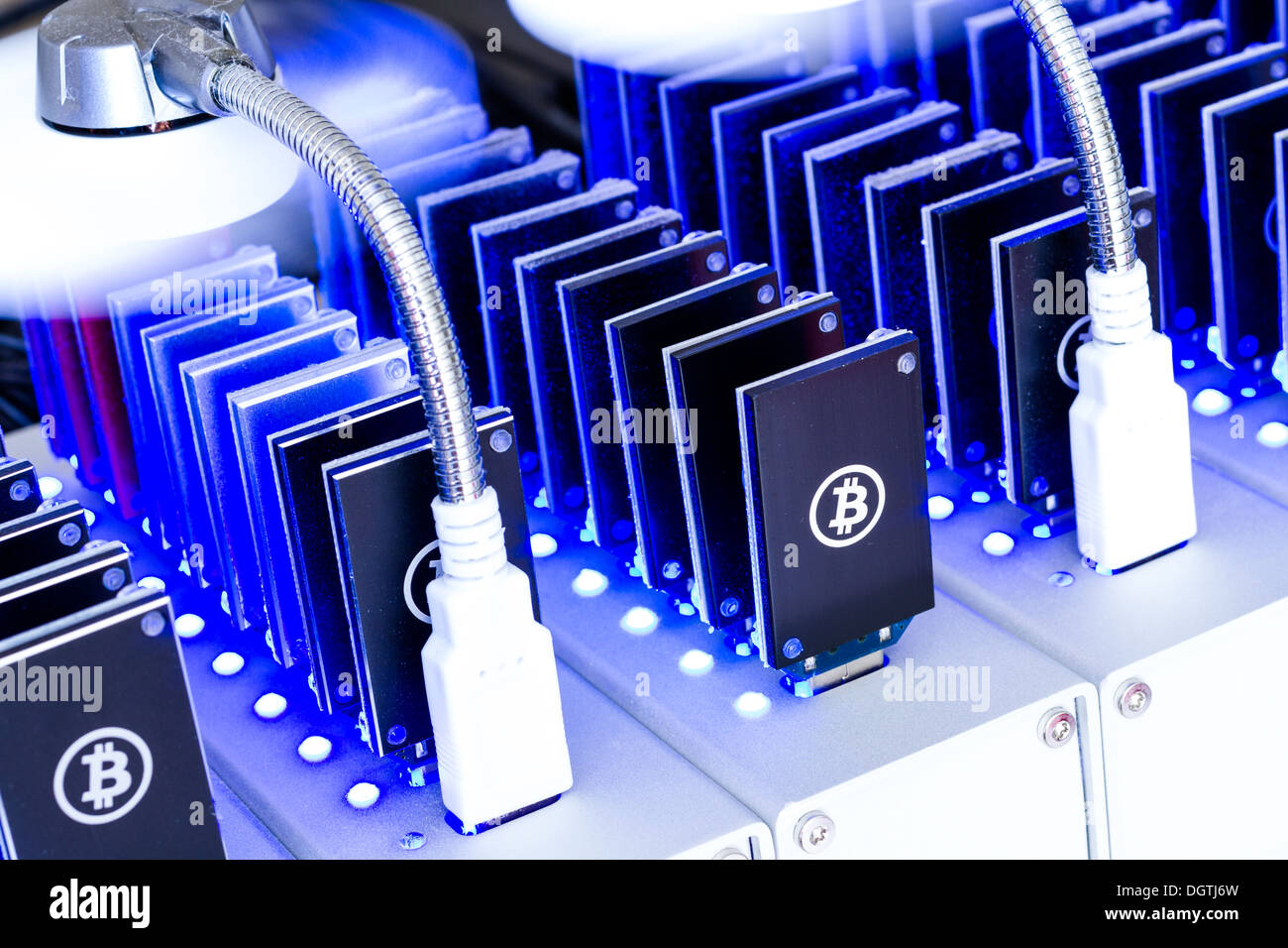 Bitcoin Mining Usb Devices In A Row With Small Fans Stock Photo - 